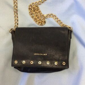 Longchamp Paris Rocks Black and Gold Crossbody Bag with Gold Chain